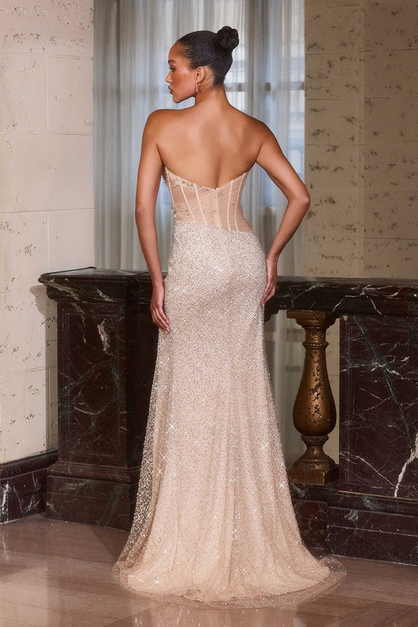 Ladivine CD404 Breathtaking Crystal and Beaded Modern Fitted Gown - Glamourous Grace