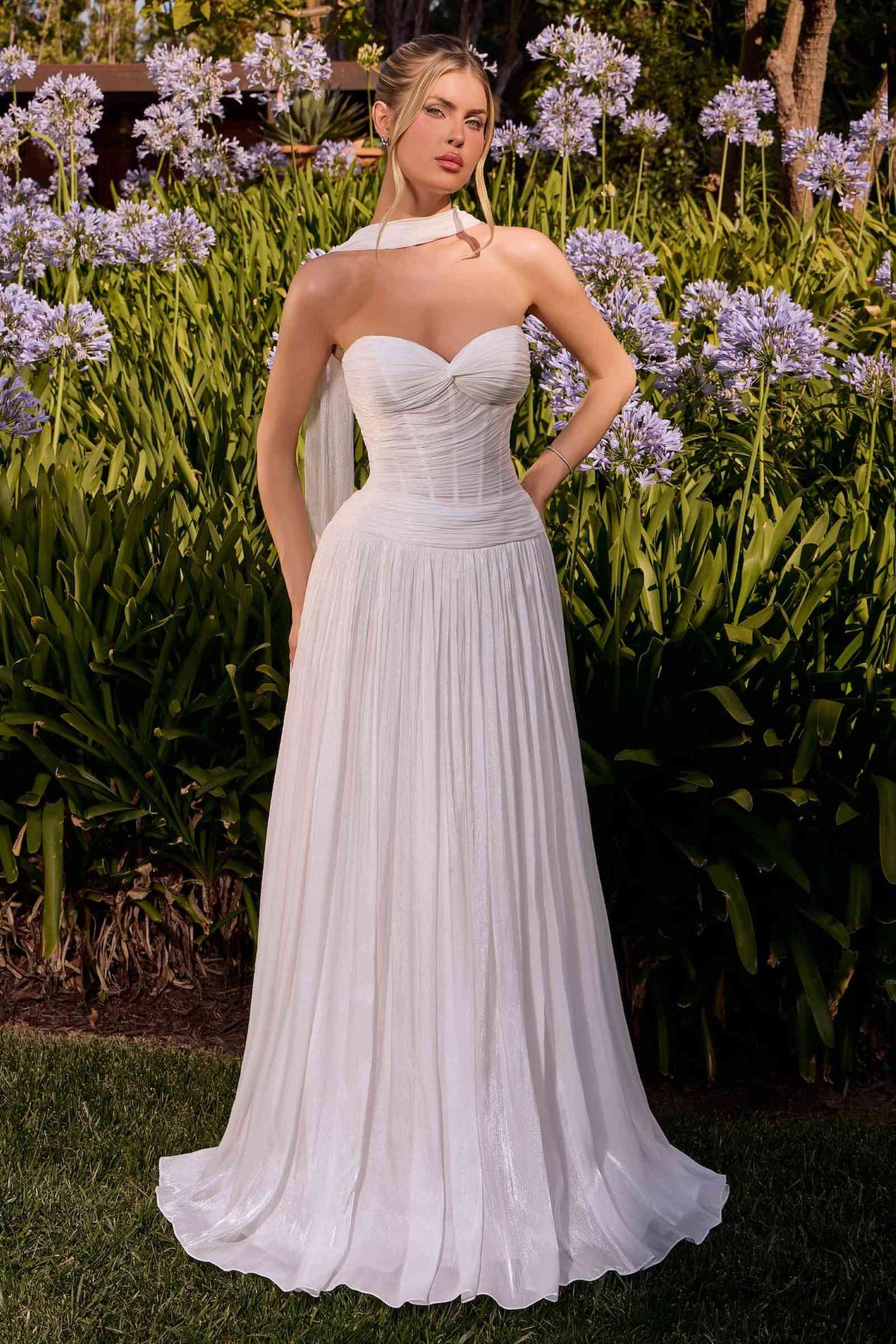 Ladivine CD414W Shimmering A-Line Strapless Sweetheart Pleated Gown - Glamourous Grace