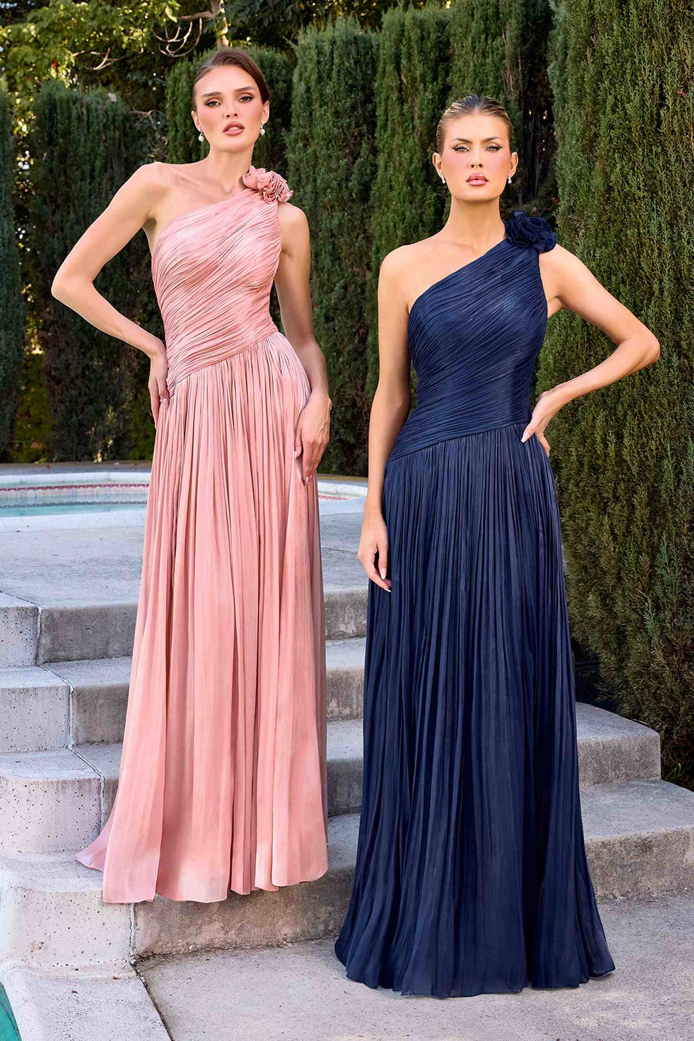 Ladivine CD415 One Shoulder Pleated Luminescent Chiffon Flowy Gown - Glamourous Grace