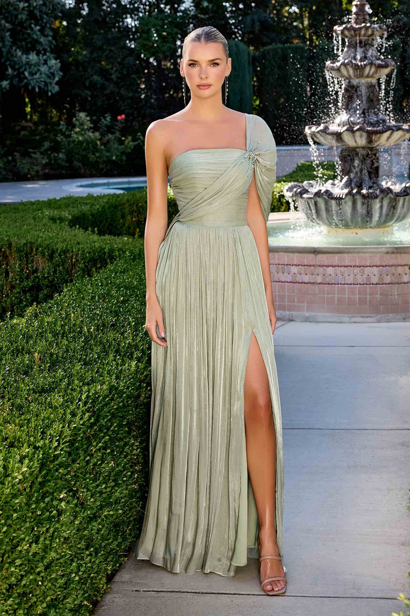 CLEARANCE - Ladivine CD418 One Shoulder A-Line Pleated Luminescent Chiffon Gown (Size 16) - Glamourous Grace