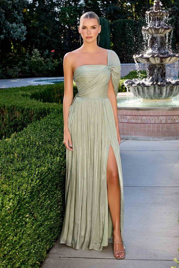 CLEARANCE - Ladivine CD418 One Shoulder A-Line Pleated Luminescent Chiffon Gown (Size 16) - Glamourous Grace