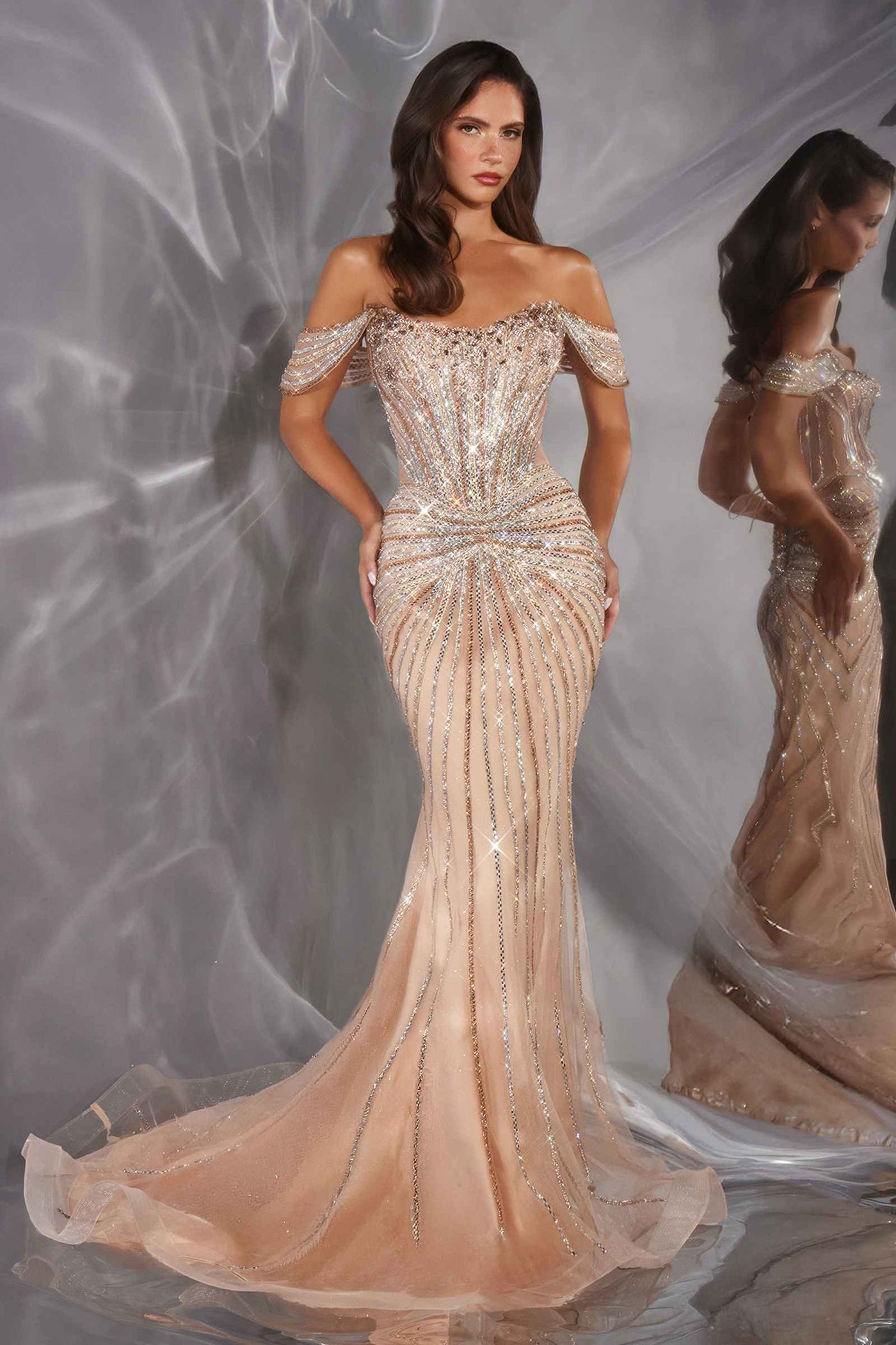 Ladivine CD654 Off Shoulder Glitter Fitted Corset Bodice Mermaid Gown - Glamourous Grace