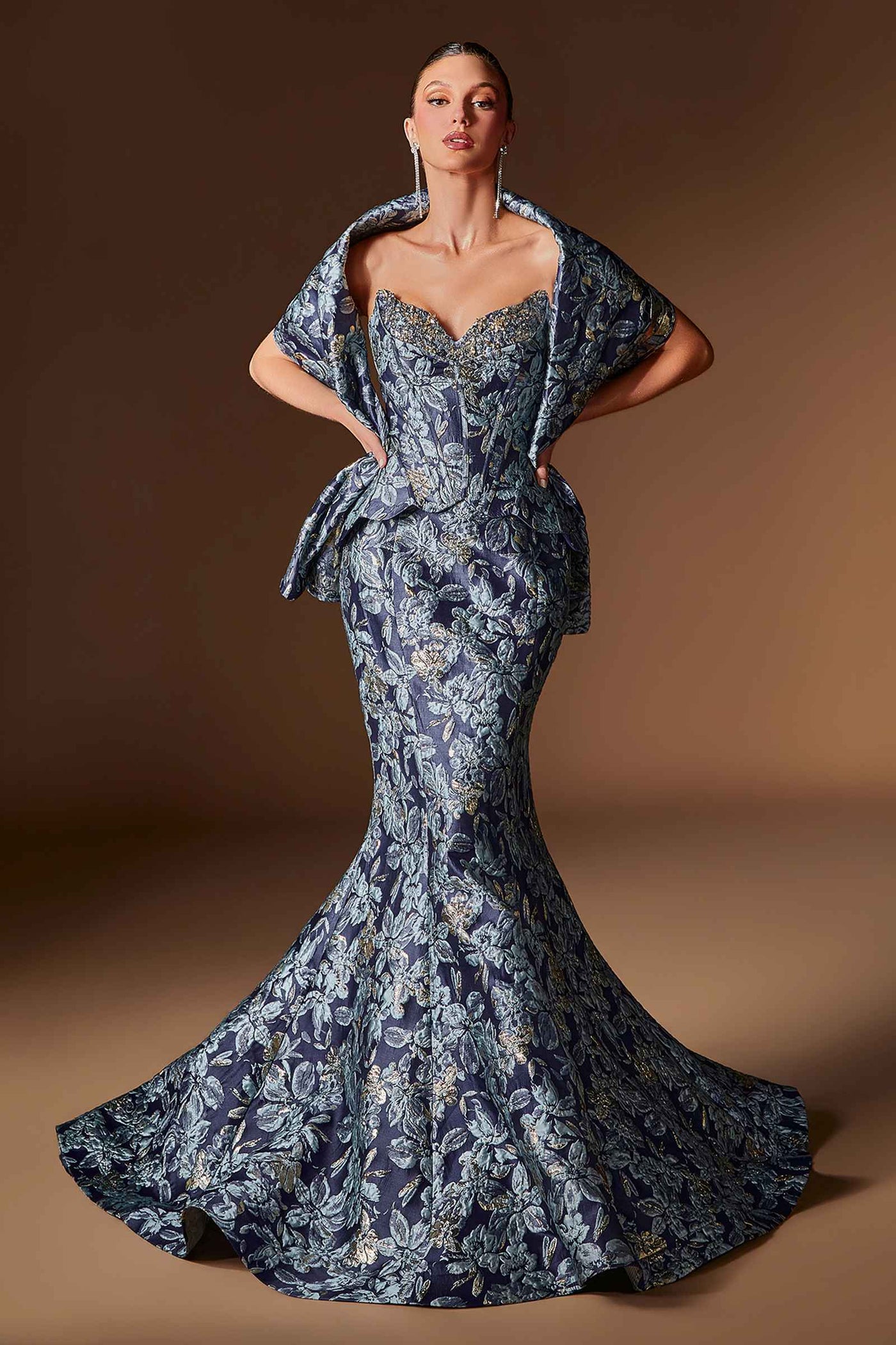 Ladivine CD655 Luxurious Floral Jacquard Fitted Mermaid Gown - Glamourous Grace