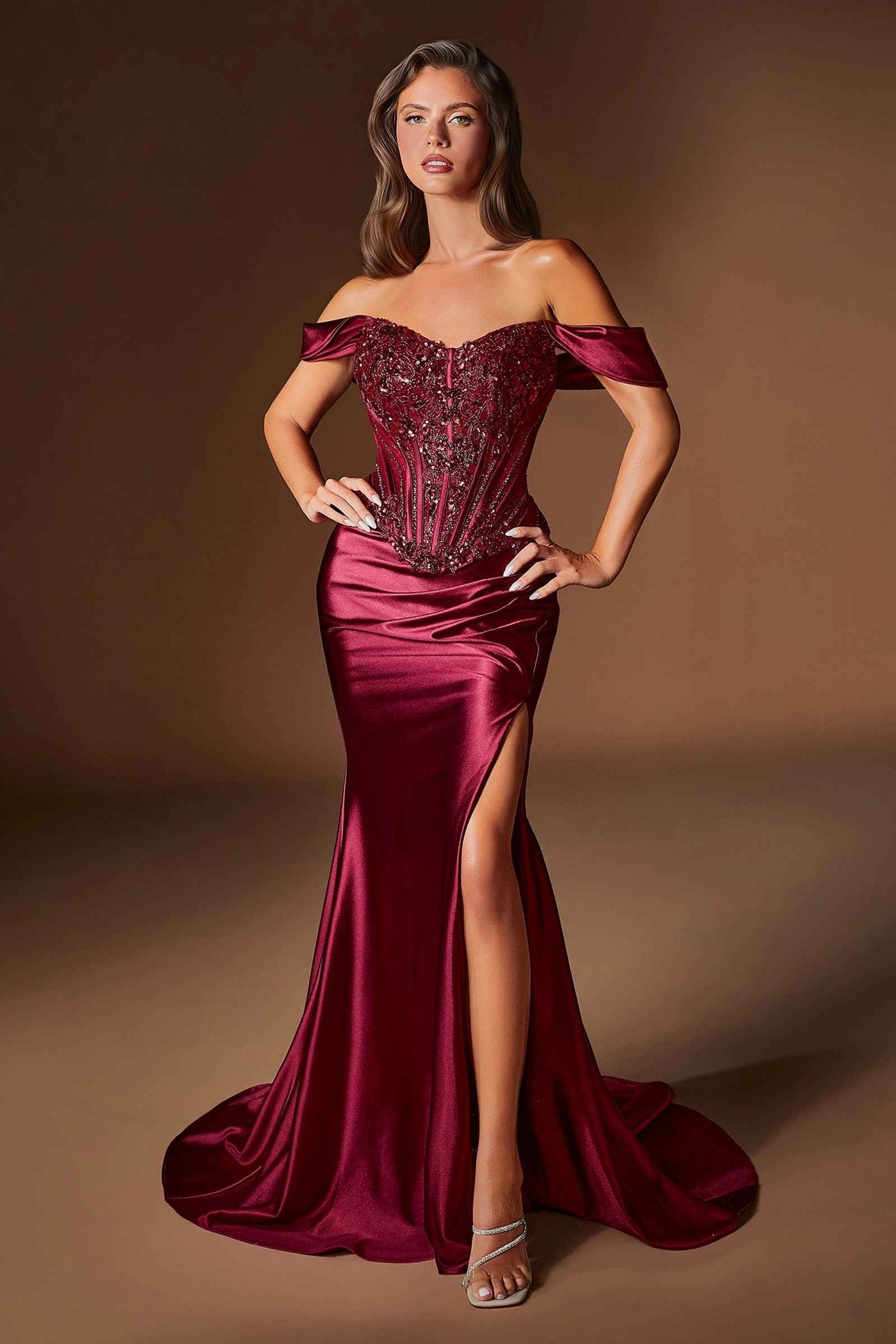 Ladivine CD656 Off the Shoulder Embellished Corset Bodice Fitted Gown - Glamourous Grace