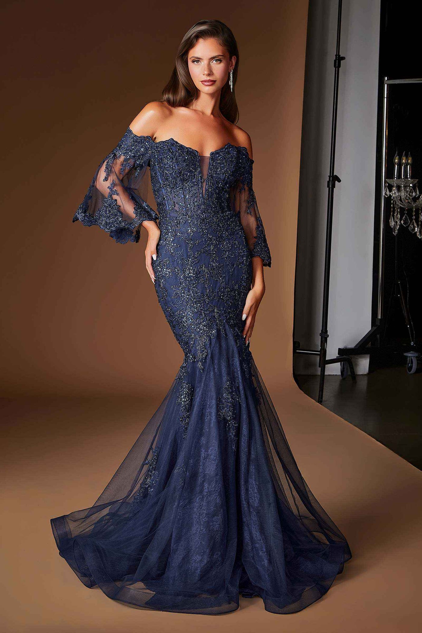 Ladivine CD659 Off the Shoulder Bell Sleeves Fitted Mermaid Gown - Glamourous Grace