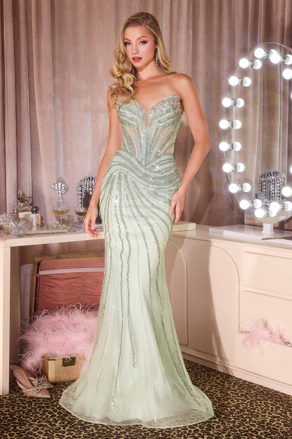 Ladivine CD660 Glamorous Illusion Corset Bodice Plunging Neck Fitted Gown - Glamourous Grace
