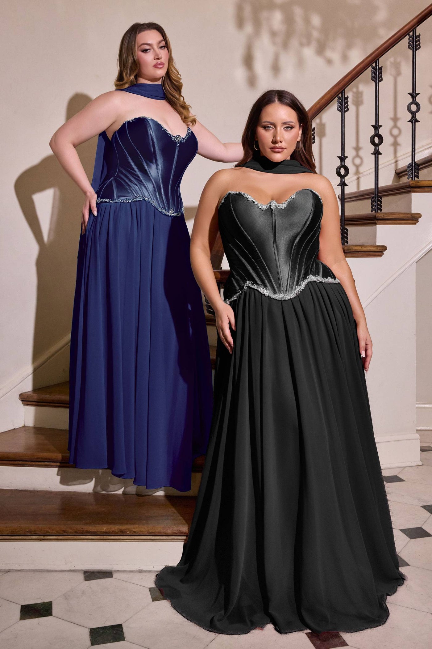 Ladivine CD668C Sculpted Satin Corset Bodice A-Line Plus Size Ball Gown - Glamourous Grace