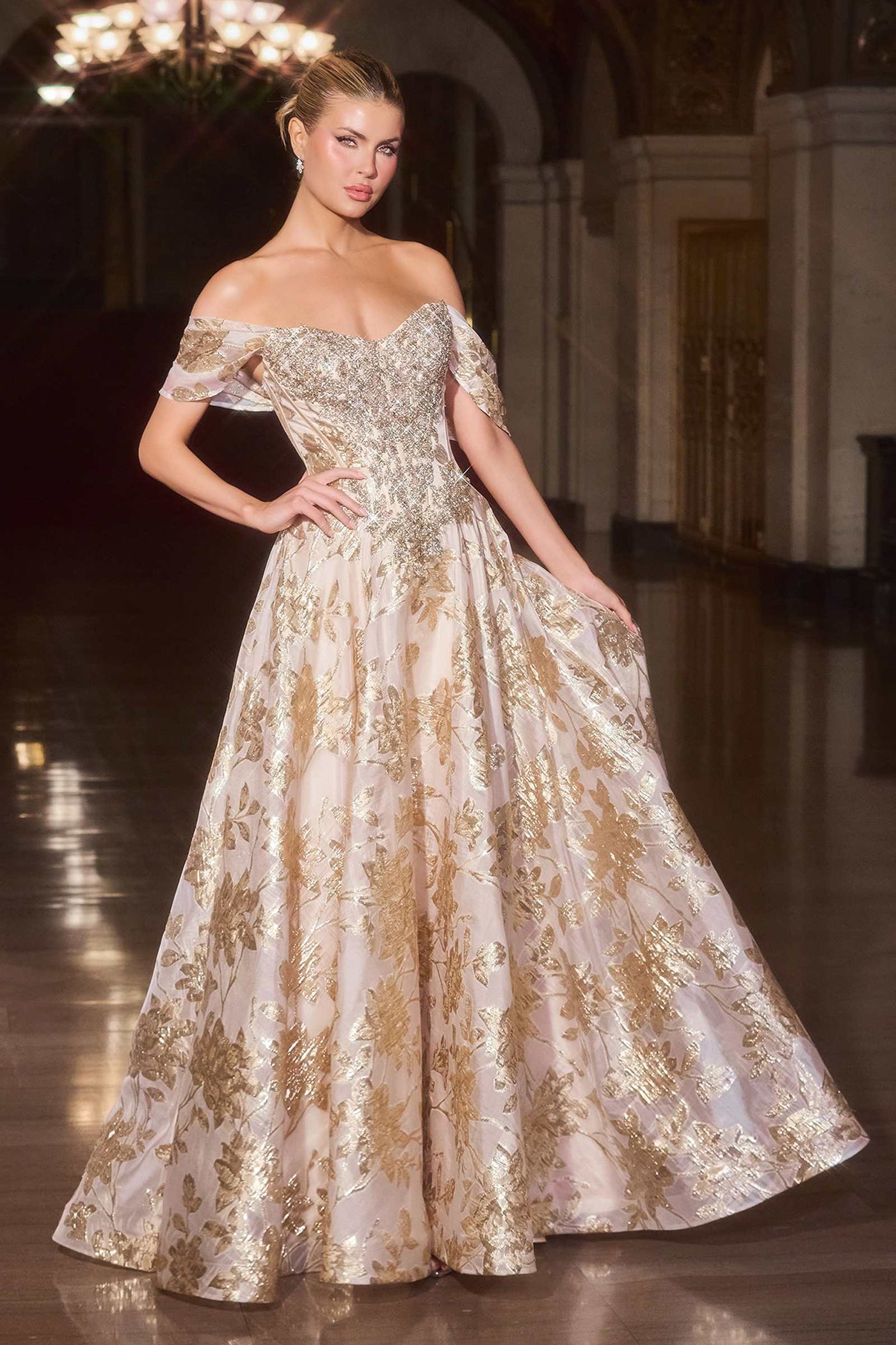 Ladivine CD682 Off the Shoulder Beaded Bodice Ball Gown - Glamourous Grace