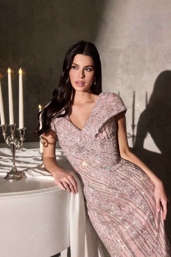 Ladivine CD698 Long Cap Sleeve Mother of the Bride V-Neckline Dress - Glamourous Grace