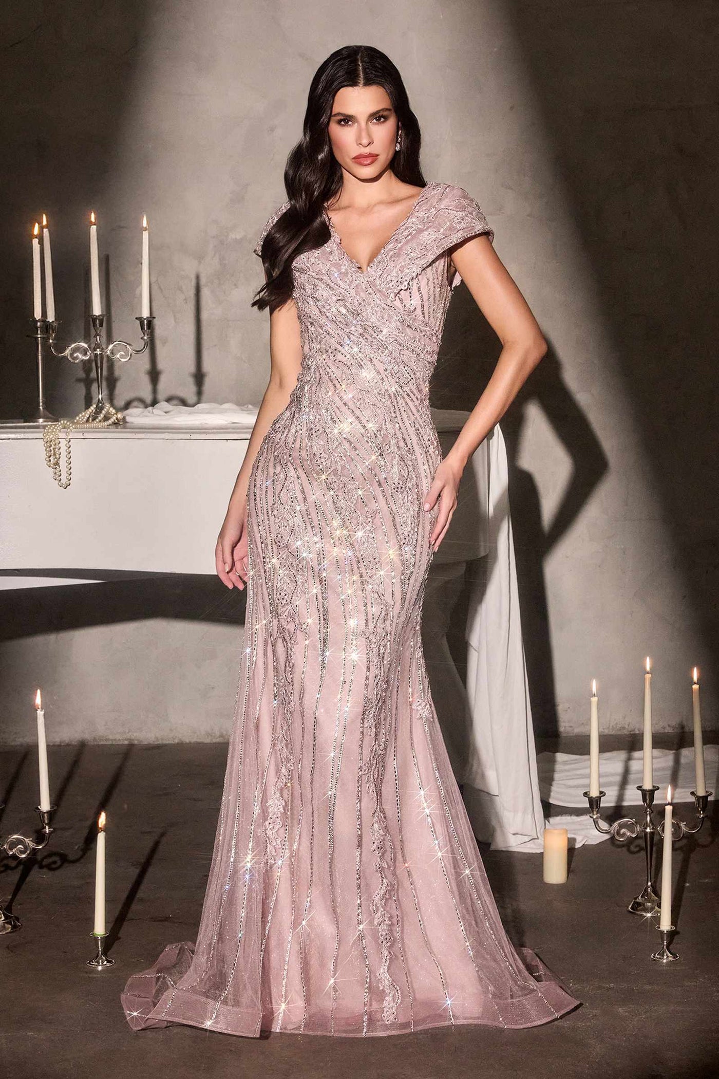 Ladivine CD698 Long Cap Sleeve Mother of the Bride V-Neckline Dress - Glamourous Grace