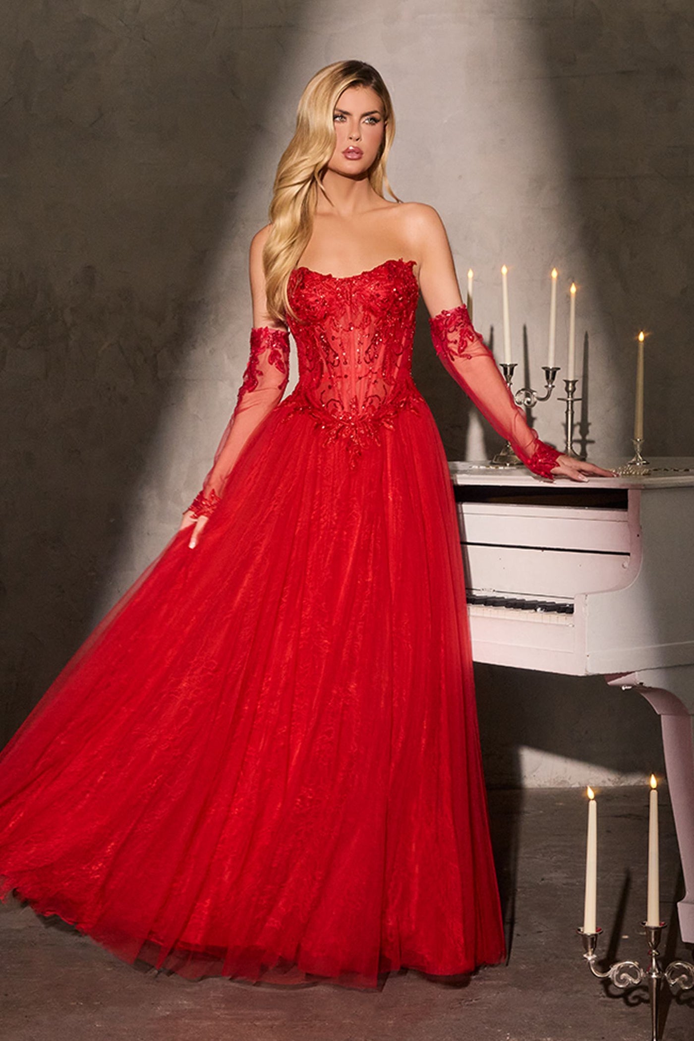 Ladivine CD717 Strapless A-Line Gown Lace Applique Tulle Skirt - Glamourous Grace