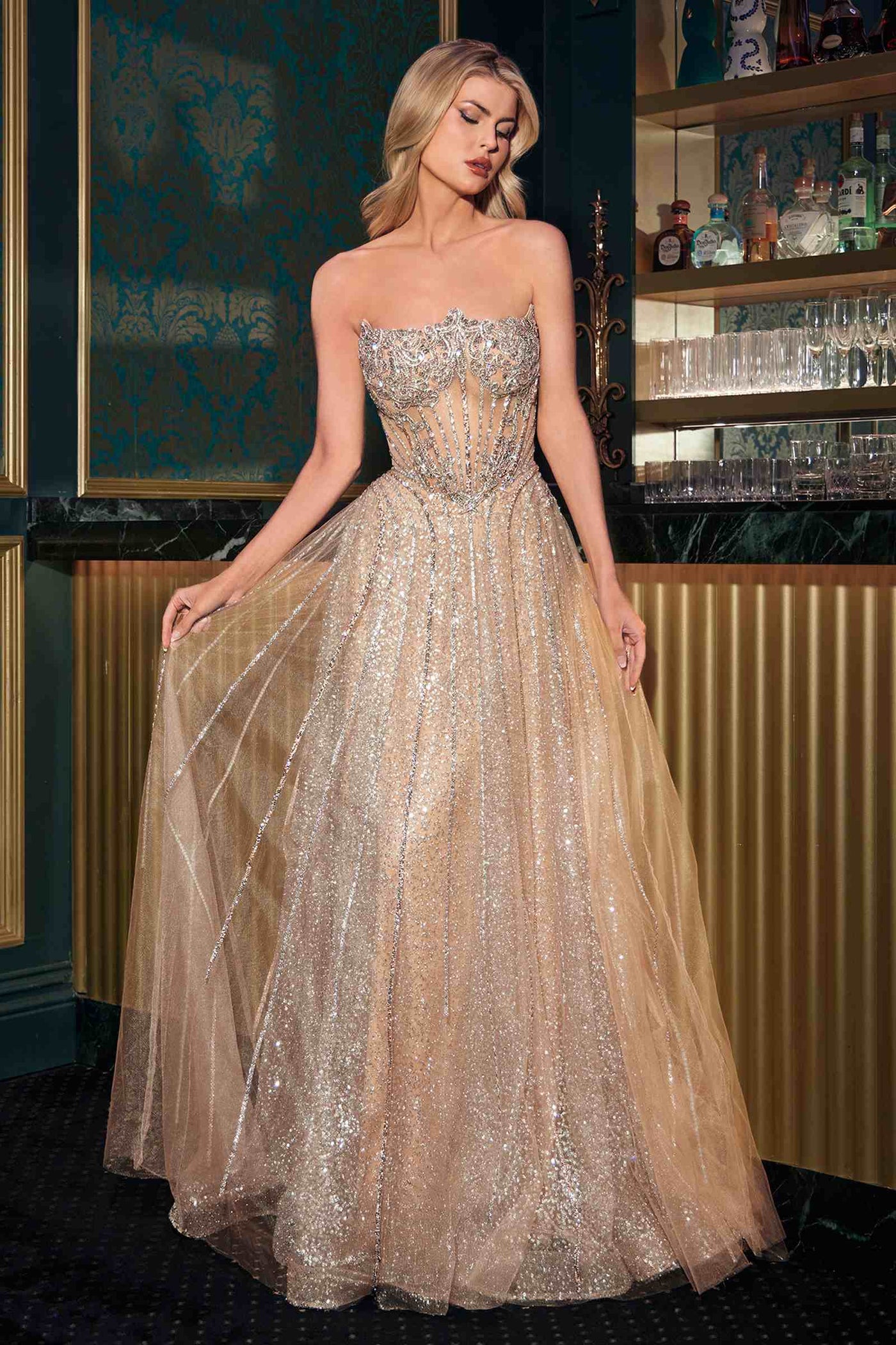 Ladivine CD724 Glitter A-Line Gown Strapless Sweetheart Crystal Beaded - Glamourous Grace