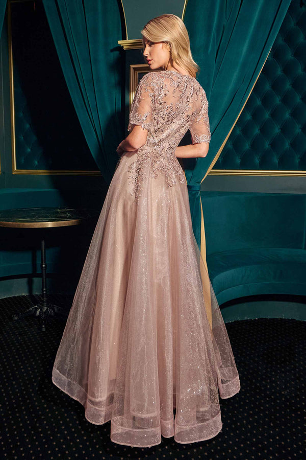 Ladivine CD726 Half Sleeve Mocha V-Neck A-Line Layered Glitter Gown - Glamourous Grace