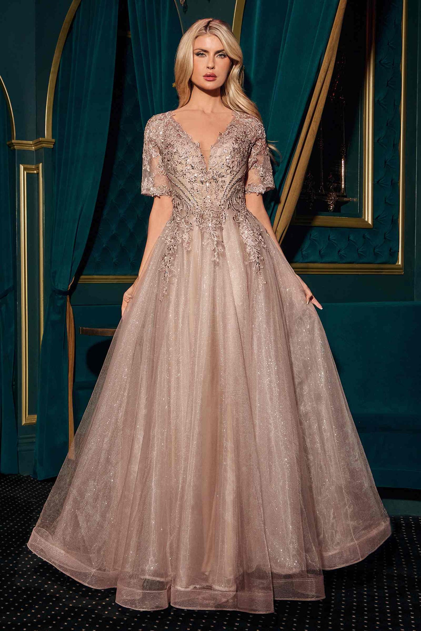 Ladivine CD726 Half Sleeve Mocha V-Neck A-Line Layered Glitter Gown - Glamourous Grace