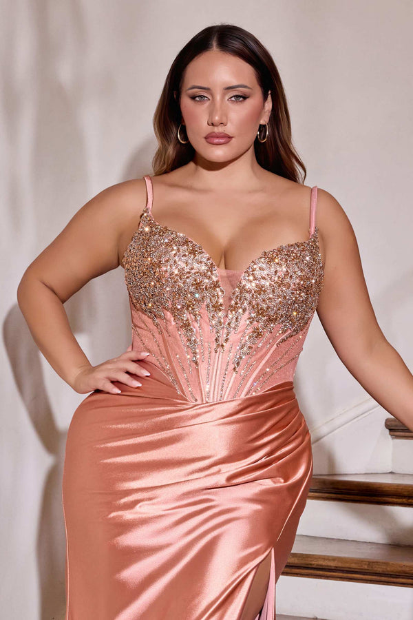 Ladivine CD729C Removable Off Shoulder Stretch Satin Plus Size Prom Gown - Glamourous Grace