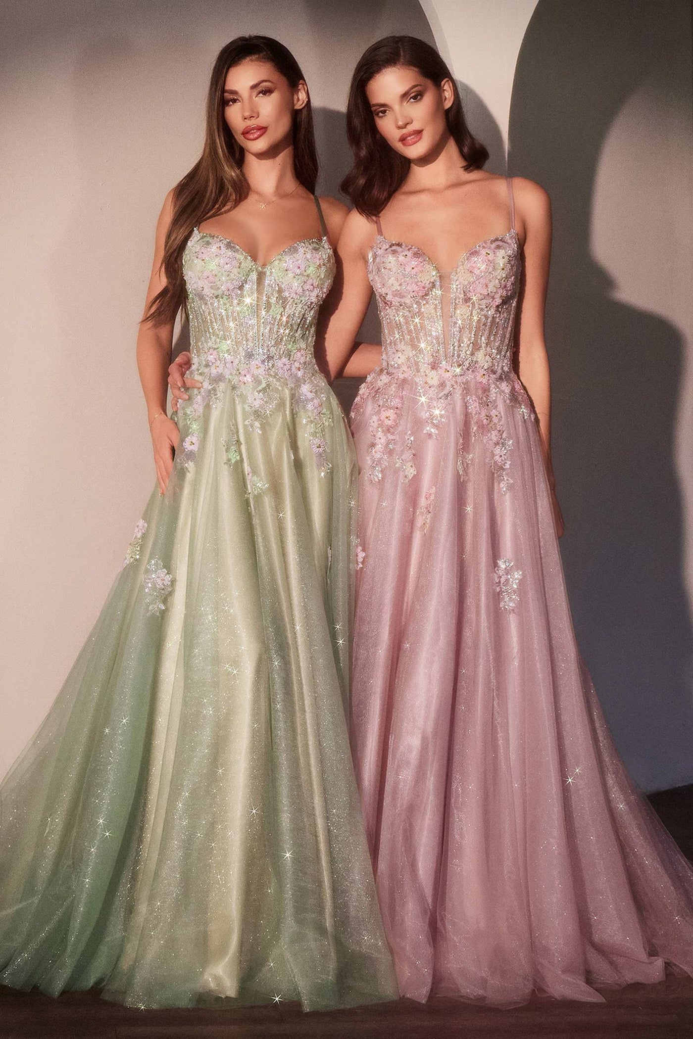 Ladivine CD740 Floral A-Line Layered Glitter Tulle Dress - Glamourous Grace