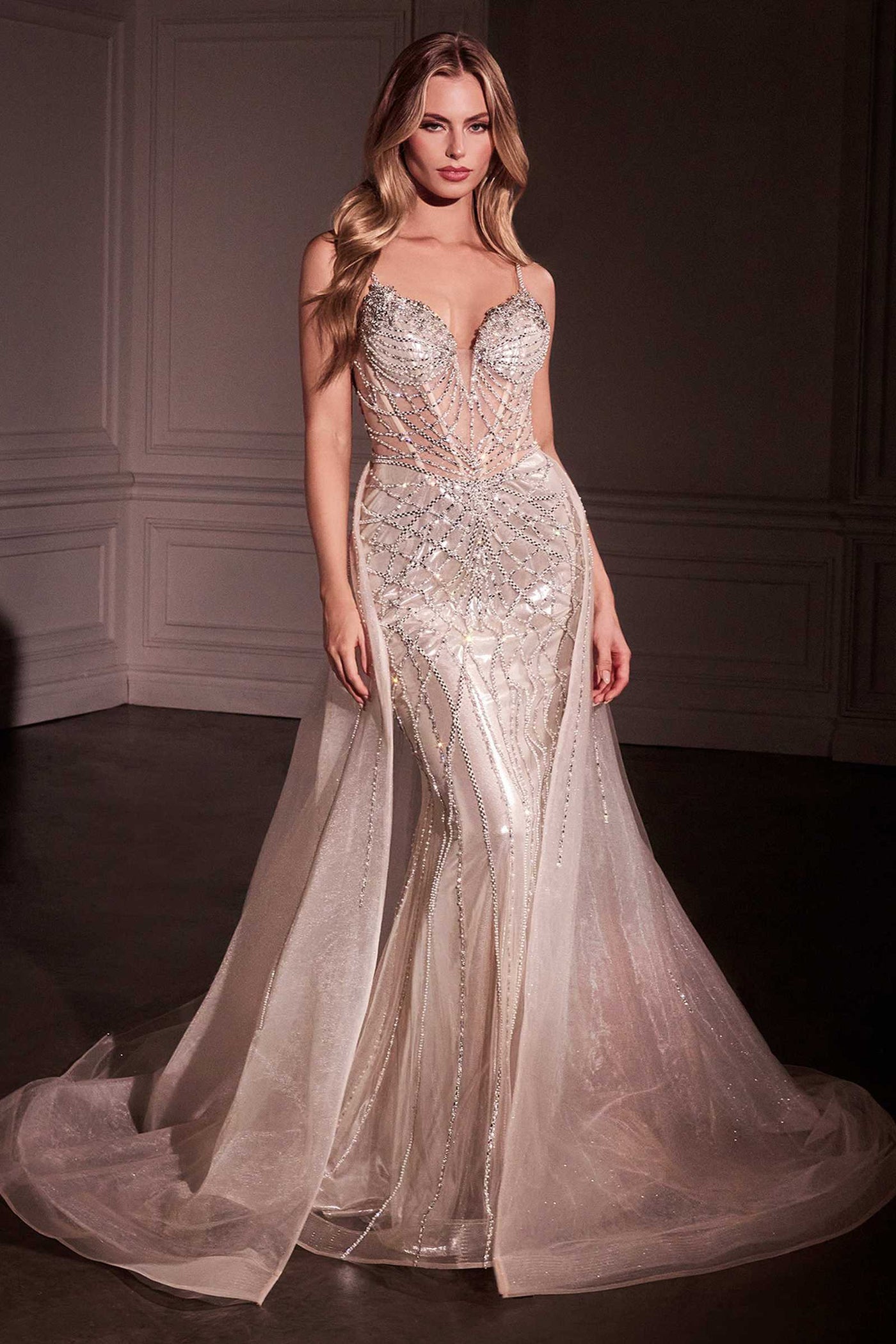 Ladivine CD763 Fit & Flare Crystal Embellished Gown & Overskirt - Glamourous Grace
