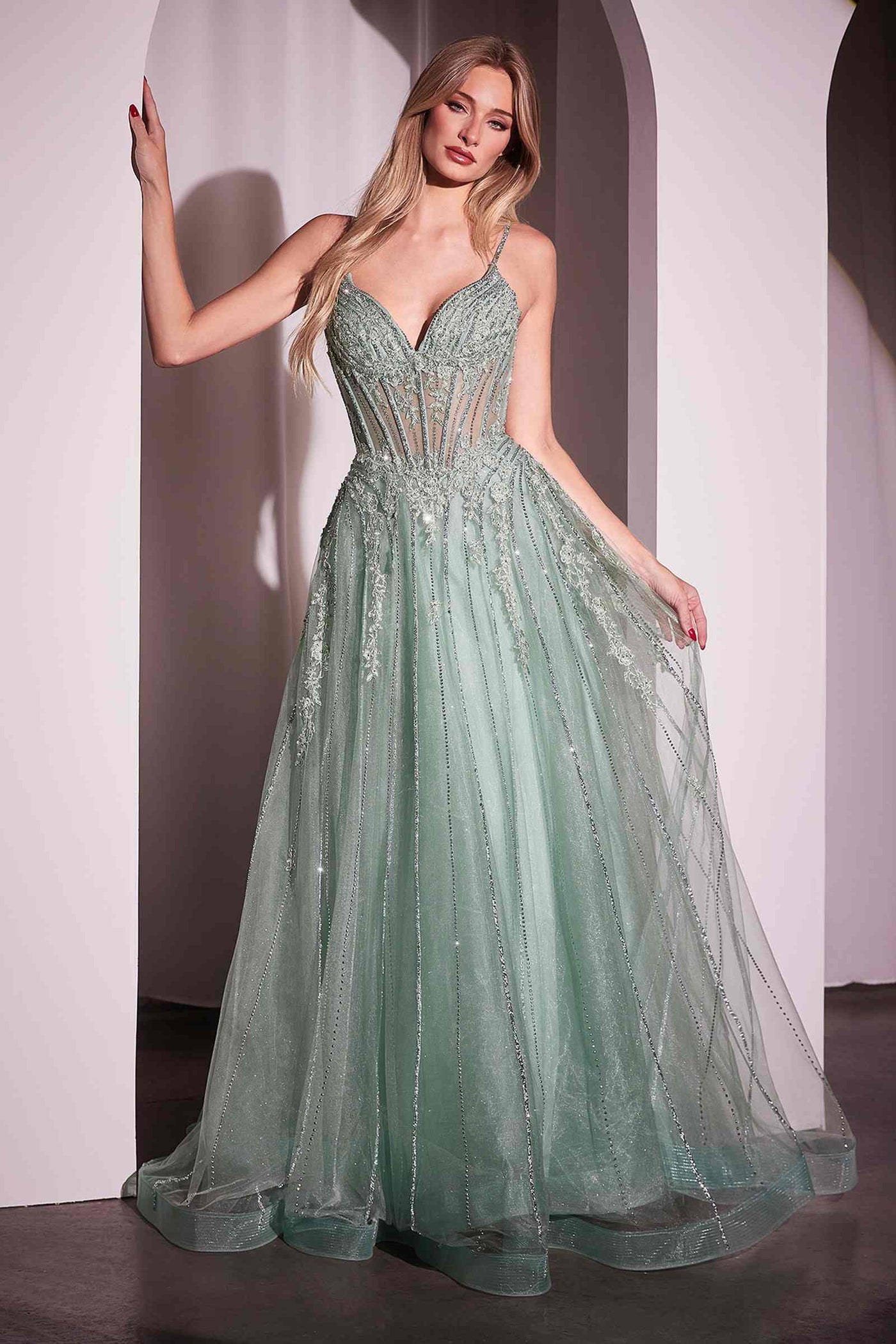 Ladivine CD786 Dress Crystal Embellished A-Line Tulle Gown - Glamourous Grace