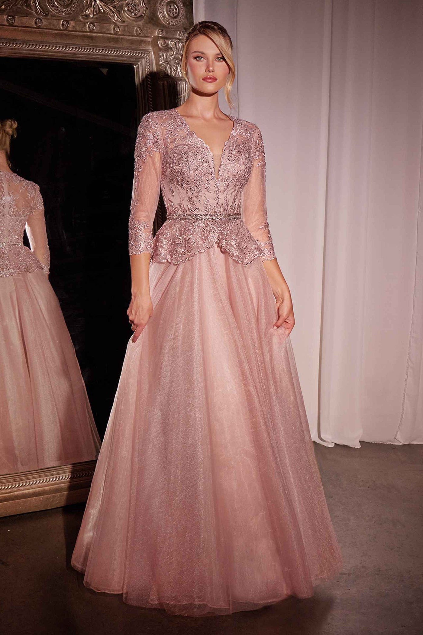 Ladivine CD789 Dress Three Quarter Sleeve Lace & Tulle A-Line Gown - Glamourous Grace
