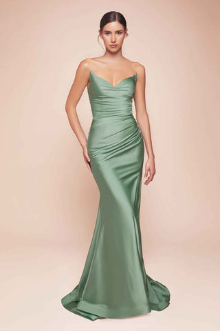 Ladivine CD791 Dress Strapless Stretch Satin Fitted Gown with Slit - Glamourous Grace