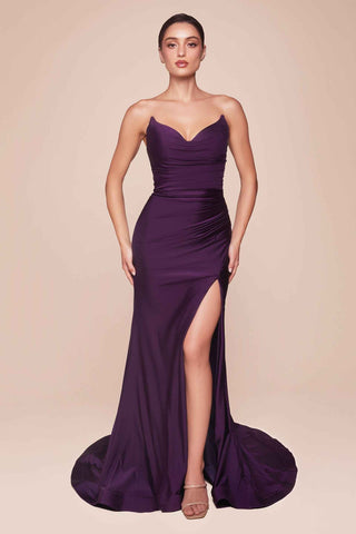 Ladivine CD791 Dress Strapless Stretch Satin Fitted Gown with Slit - Glamourous Grace