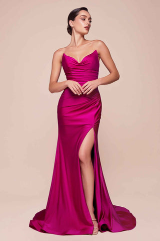 Ladivine CD791 Dress Strapless Stretch Satin Fitted Gown with Slit - Glamourous Grace