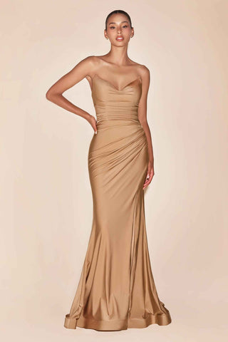 Ladivine CD791 Dress Strapless Stretch Satin Fitted Gown with Slit - Glamourous Grace