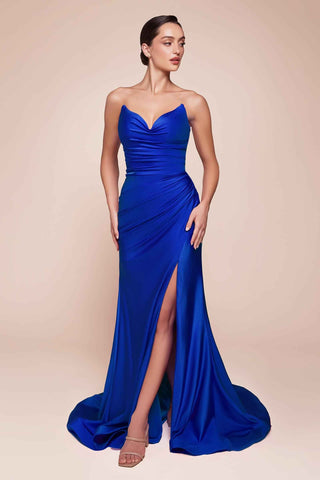 Ladivine CD791 Dress Strapless Stretch Satin Fitted Gown with Slit - Glamourous Grace