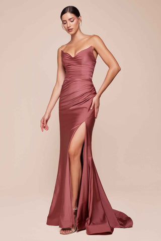 Ladivine CD791 Dress Strapless Stretch Satin Fitted Gown with Slit - Glamourous Grace