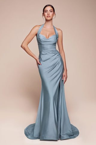 Ladivine CD796C Dress Stretch Satin Halter Fitted Curve Gown - Glamourous Grace