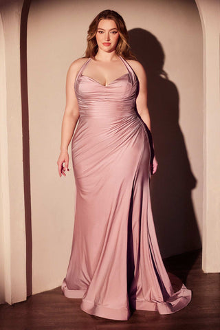 Ladivine CD796C Dress Stretch Satin Halter Fitted Curve Gown - Glamourous Grace