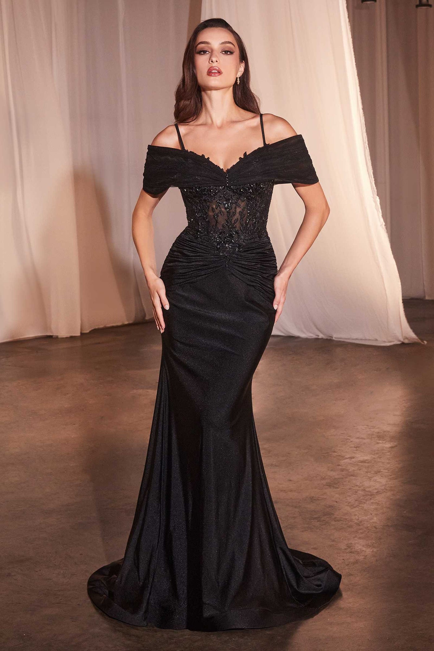 Ladivine CD798 Fitted Satin & Lace Gown With Off The Shoulder Accessory - Glamourous Grace