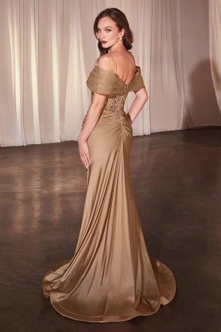 Ladivine CD798 Fitted Satin & Lace Gown With Off The Shoulder Accessory