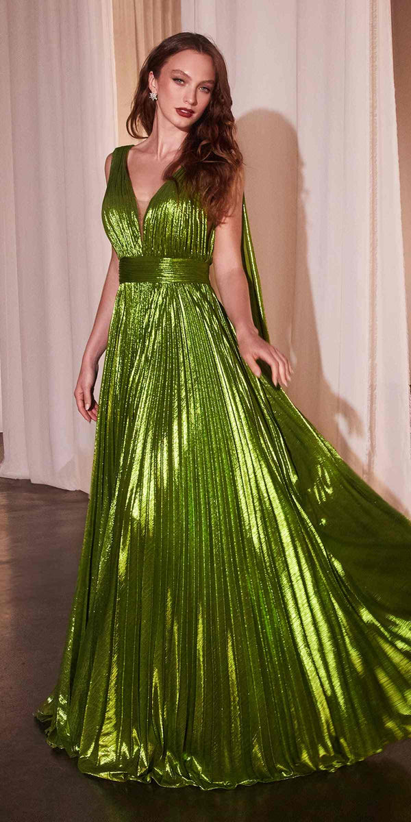 Ladivine CD802 Metallic Pleated A-Line Gown Cape Sash - Glamourous Grace