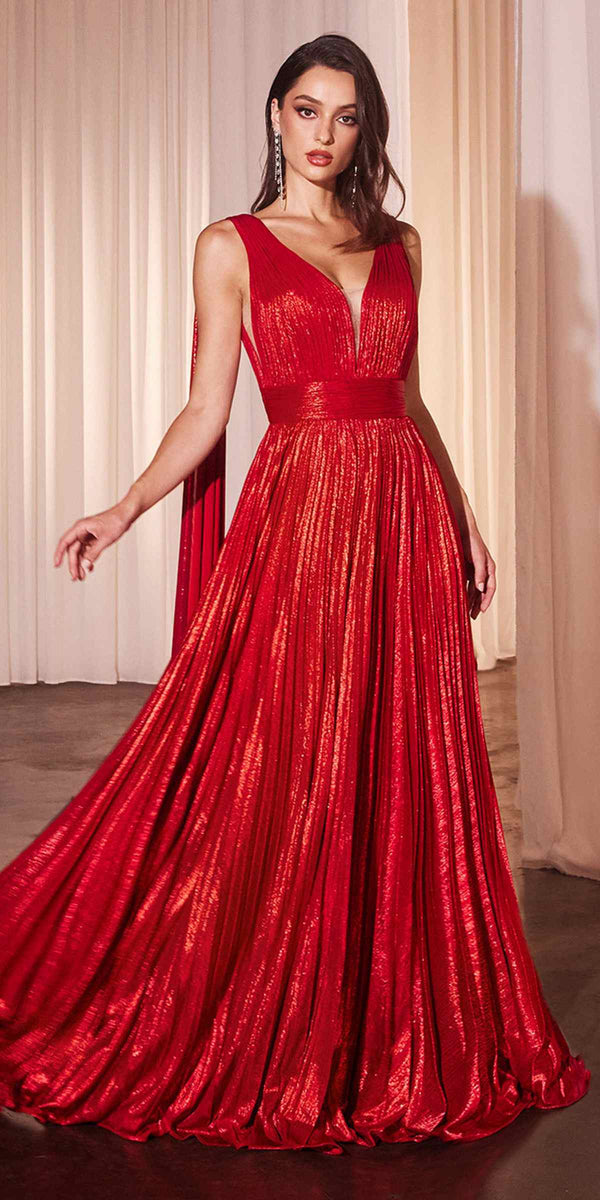 Ladivine CD802 Metallic Pleated A-Line Gown Cape Sash - Glamourous Grace