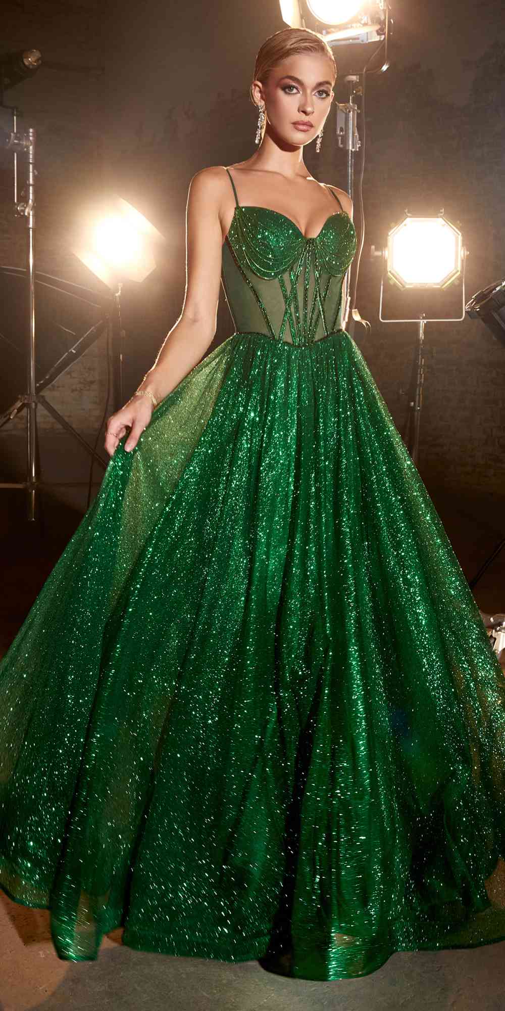 Ladivine CD832 Long Sheer Boned Bodice Glitter Flock Ball Gown - Glamourous Grace