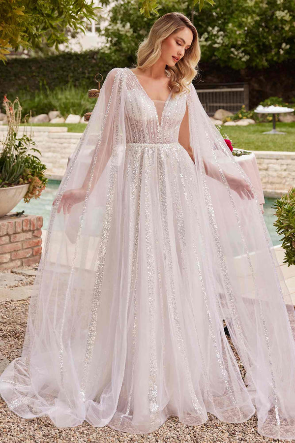 Ladivine CD852W Timeless A-Line Layered Tulle Long Sleeve Drape Wedding Gown - Glamourous Grace