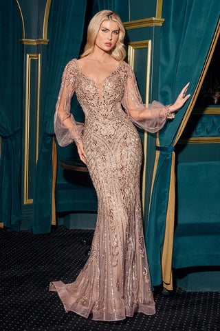 Ladivine CD864 Long Bishop Sheer Sleeve V-Neckline Embellished Gown