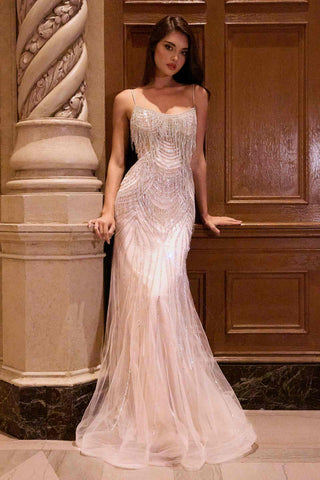 Ladivine CD866 Fitted Fringe Embellished Tulle Overlay Nude Lining Formal Gown