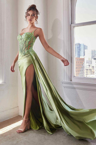Ladivine CD868 Long Glamorous Lace Detailed Formal Gown Side Sash - Glamourous Grace
