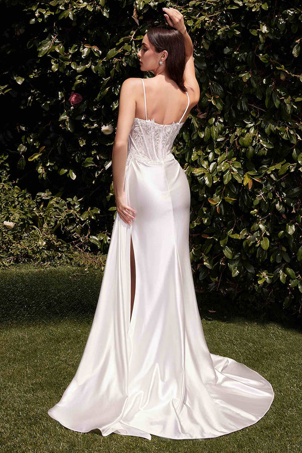Ladivine CD868W Long Fitted Satin & Lace Bridal Dress - Glamourous Grace