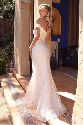 Cinderella Divine CD929 Fitted Off The Shoulder Bridal Gown Floral Lace Applique