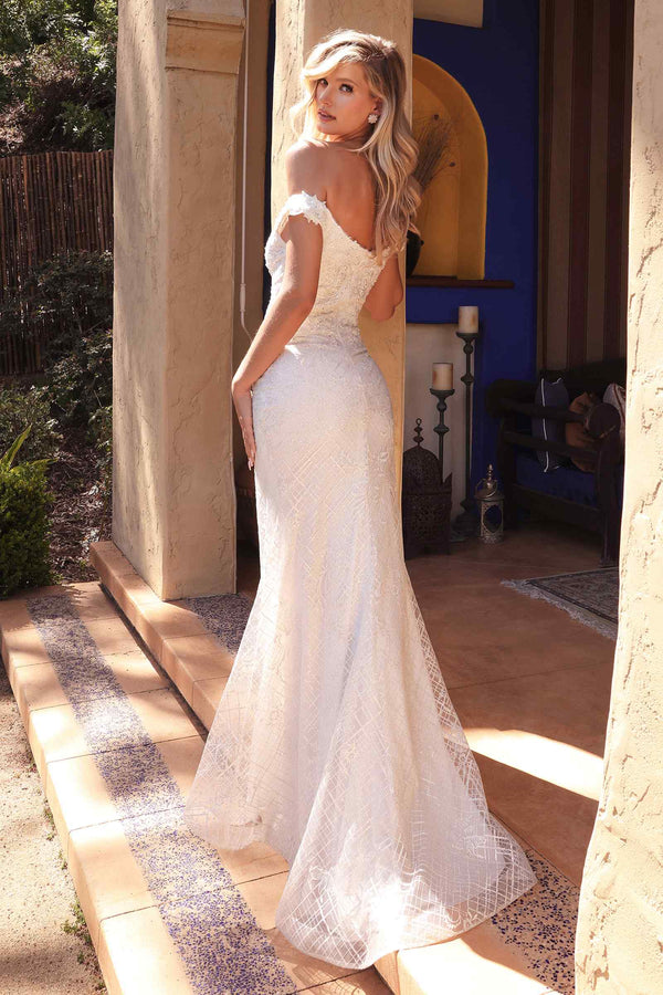 Cinderella Divine CD929 Fitted Off The Shoulder Bridal Gown Floral Lace Applique - Glamourous Grace