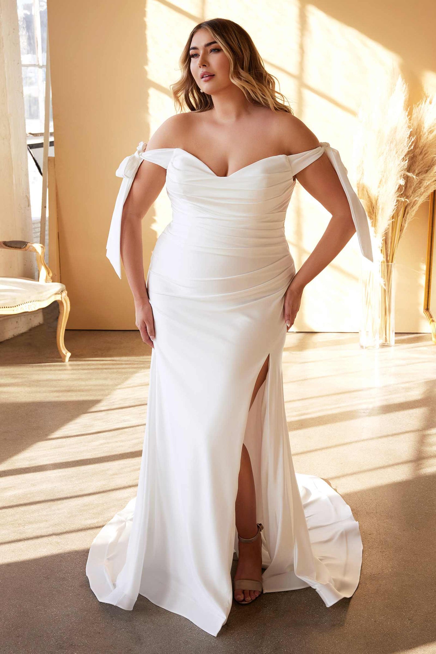 Cinderella Divine CD944WC Long Stretch Satin Gown Off The Shoulder Tie Sleeve - Glamourous Grace