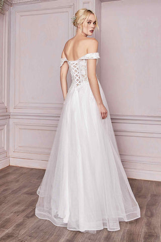 Cinderella Divine CD961W Long Lace Off the Shoulder Bridal Gown