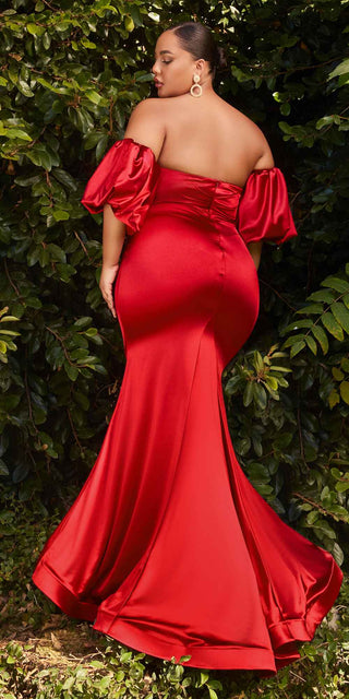 Cinderella Divine CD983 Long Fitted Satin Gown with Puff Sleeve