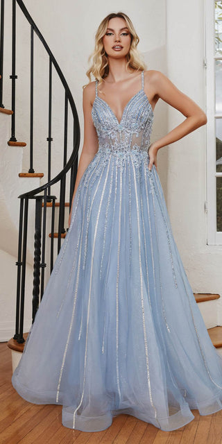 Cinderella Divine CD994 Long A-Line Beaded Tulle Gown Lace Detail V-Neck