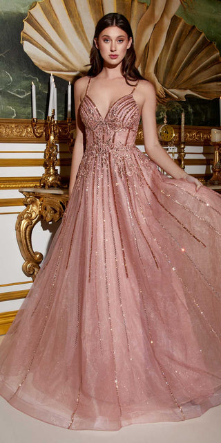 Cinderella Divine CD994 Long A-Line Beaded Tulle Gown Lace Detail V-Neck