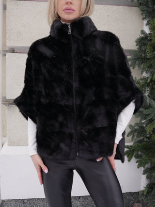 Genuine Scandinavian Mink Fur Poncho in Black