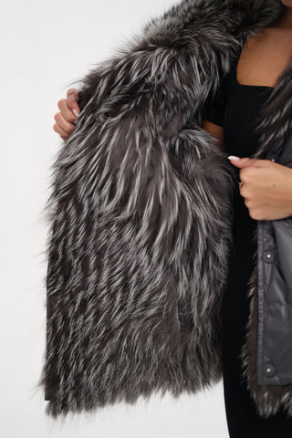 Reversible Genuine Silver Fox  Down Fill Coat in Grey